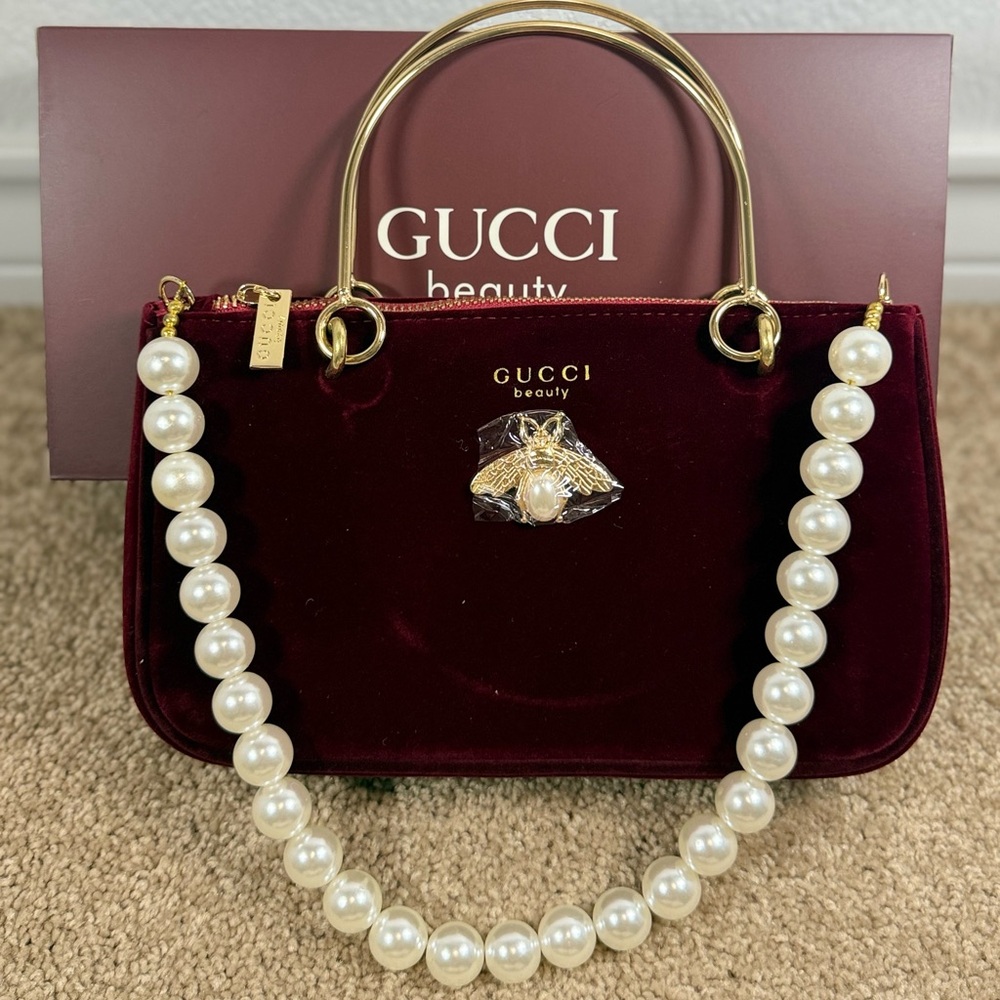 Gucci Beauty Cometic Pouch with bee & pearl handle GWP Burgundy